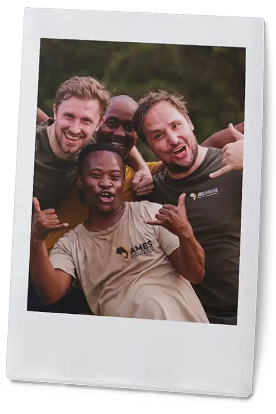 Funny group picture of team doing shaka hand gestures in instant image frame