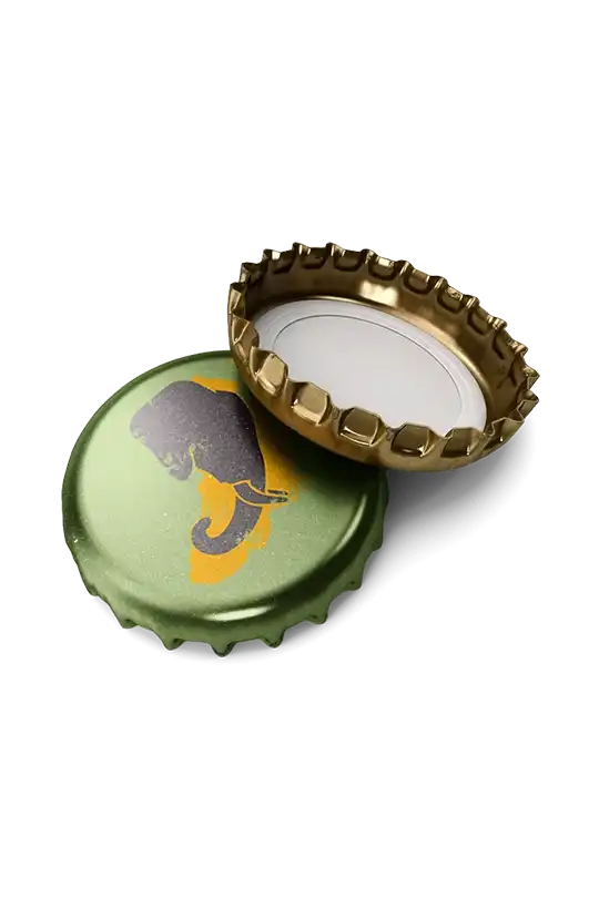 Two green metal bottle caps with the AMES elephant logo
